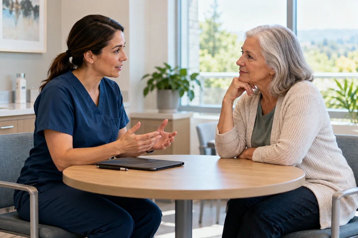 An advanced practice clinician speaking with a patient at a follow-up visit