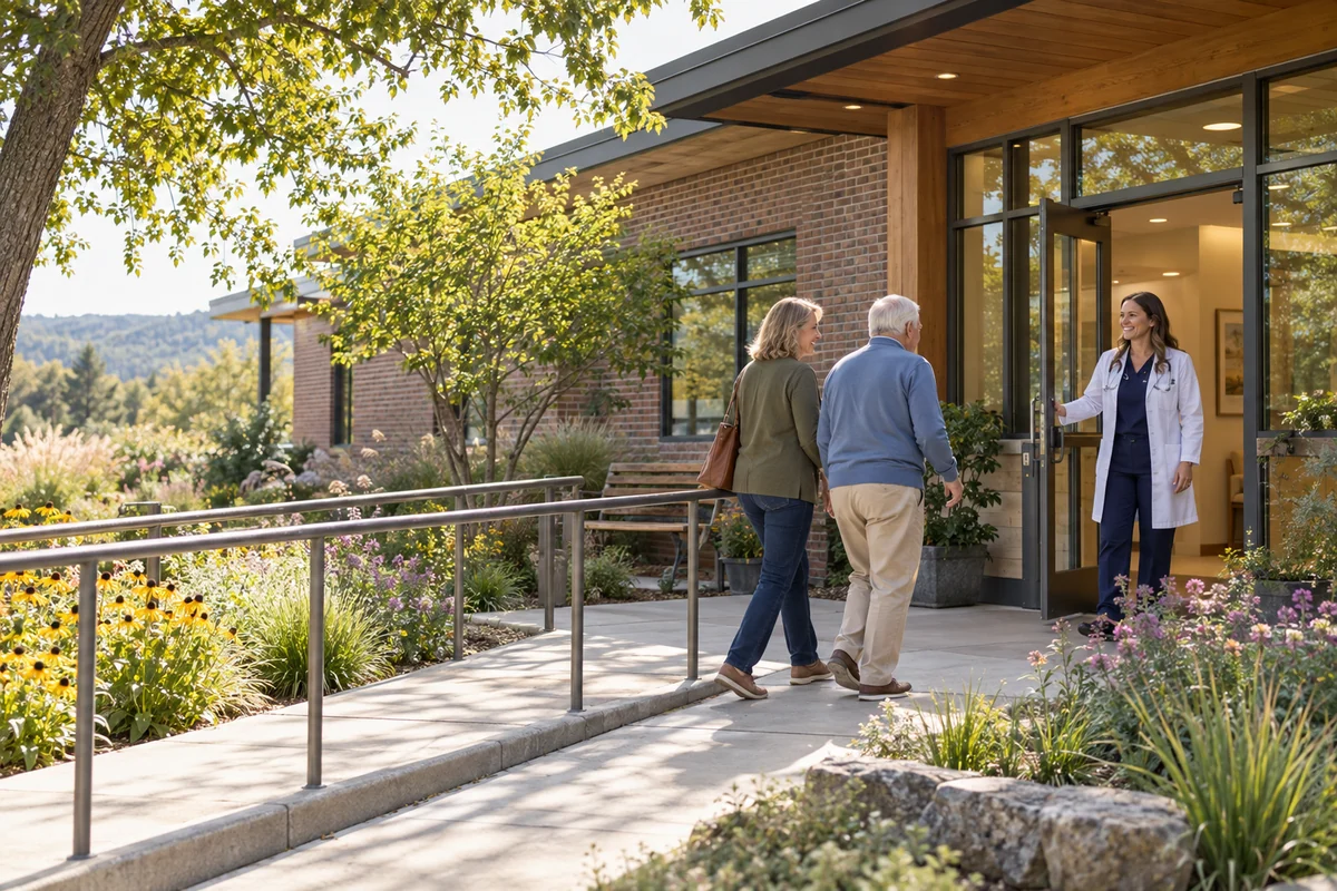 A patient and companion arriving at a community health clinic