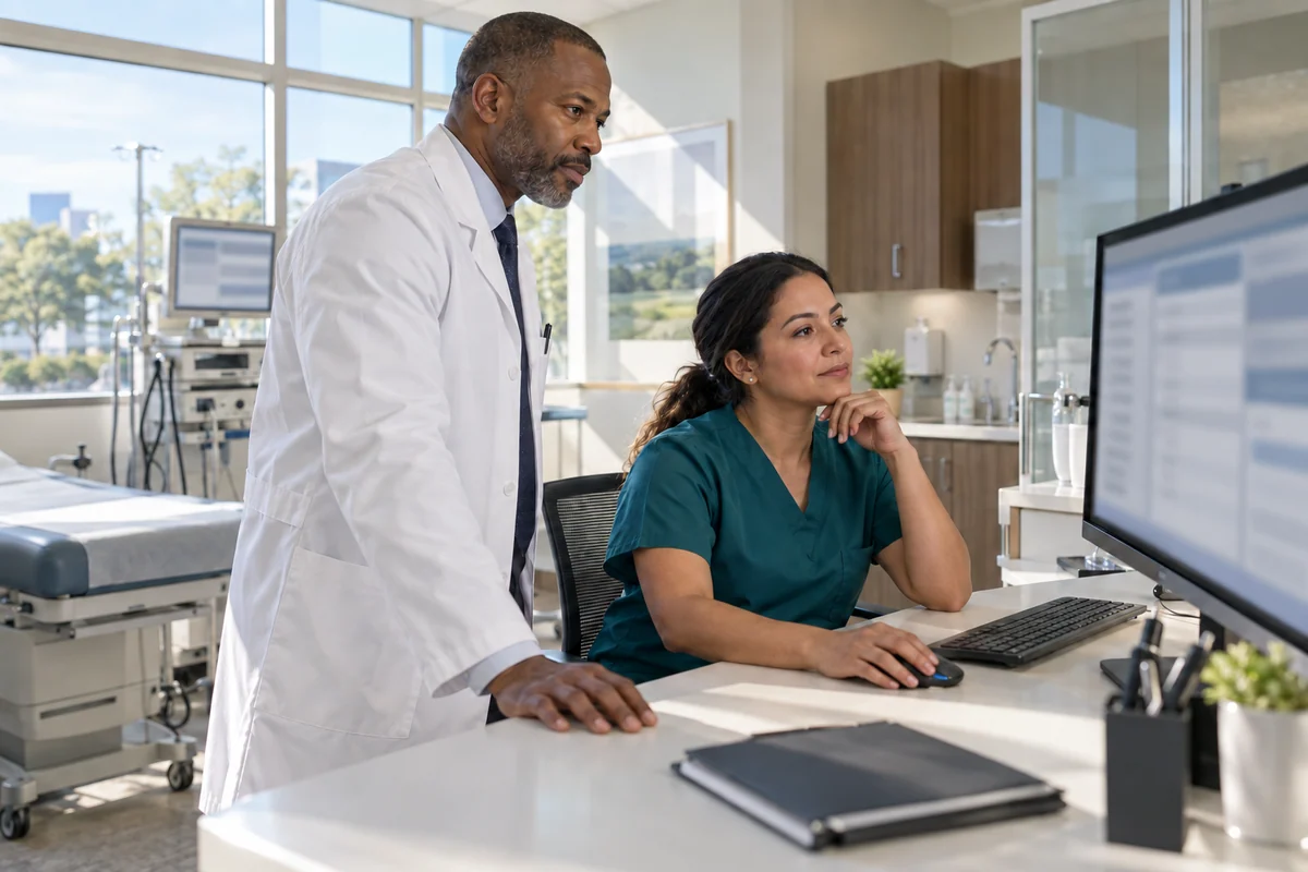 Two clinicians collaborating in a diagnostic reading room