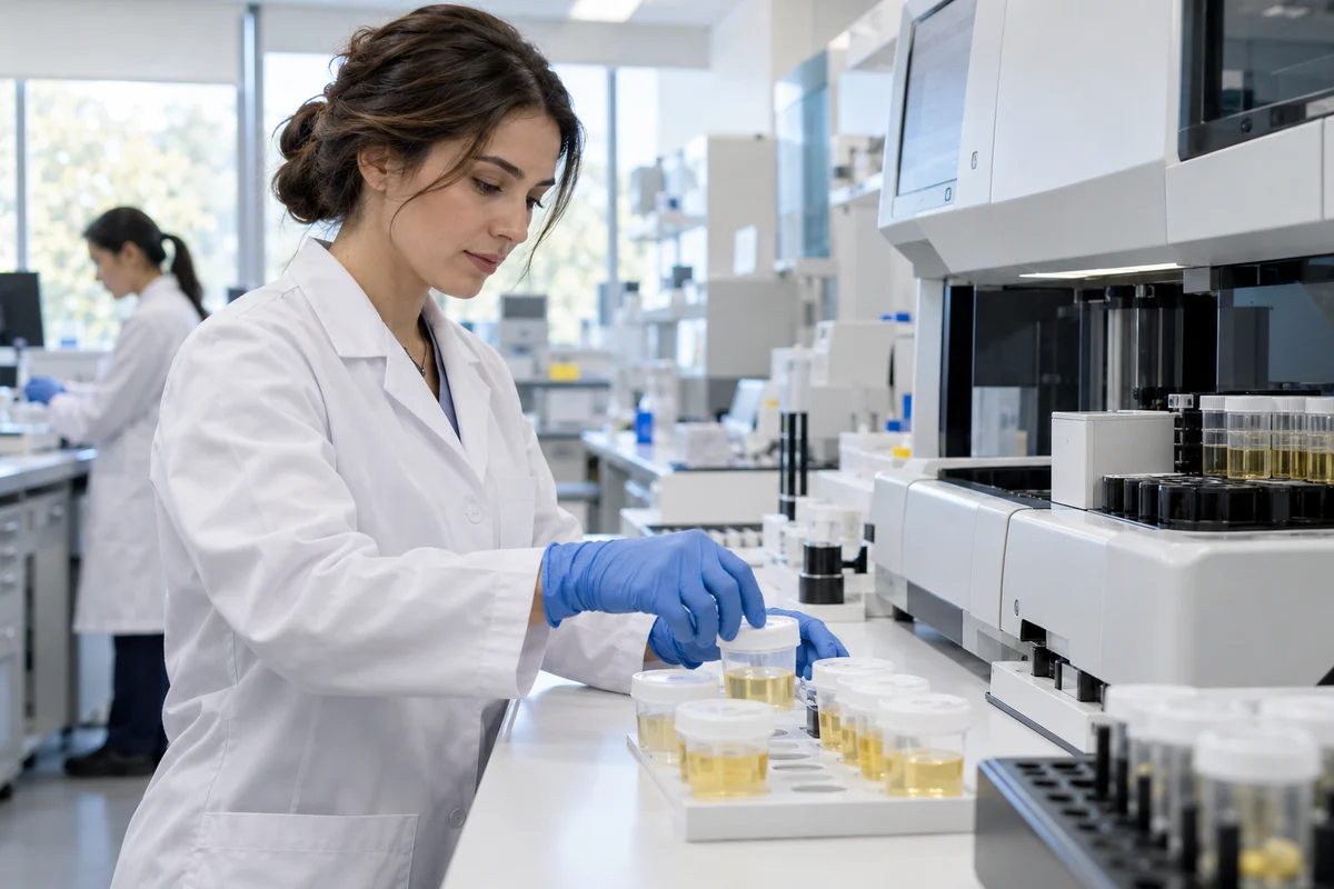 A laboratory professional preparing diagnostic urine samples