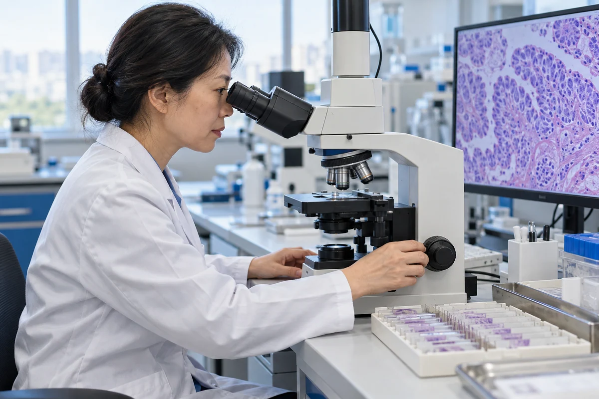 A pathologist examining a tissue slide through a microscope