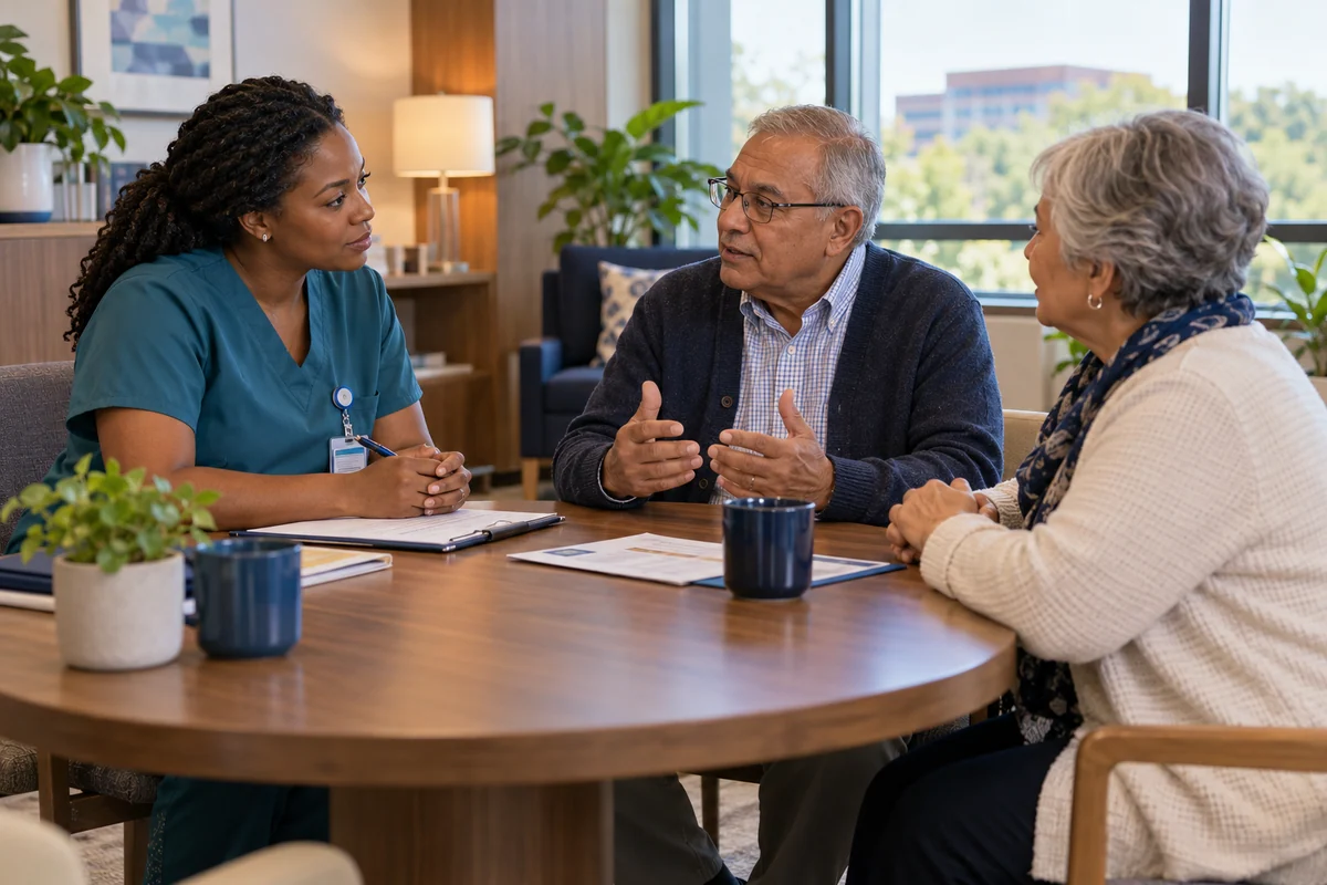 A research nurse listening to a patient and family member