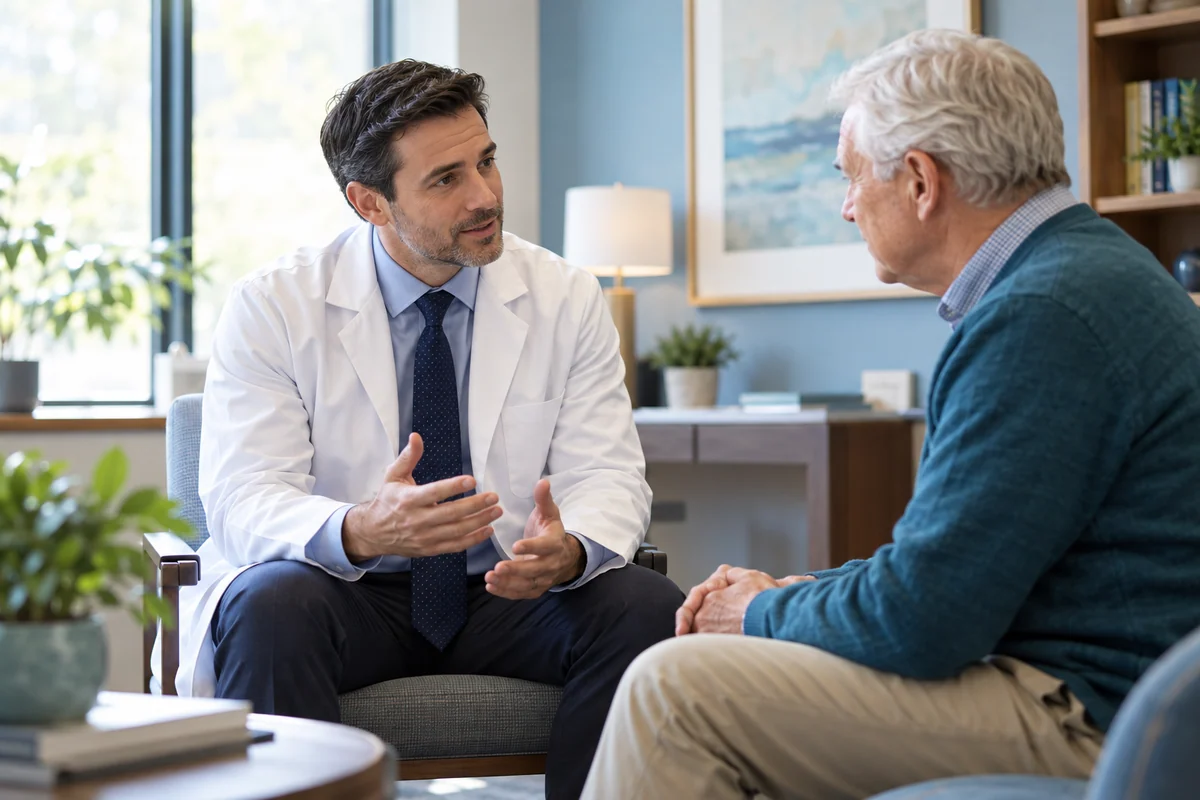 A urologist discussing a care plan with an older adult patient